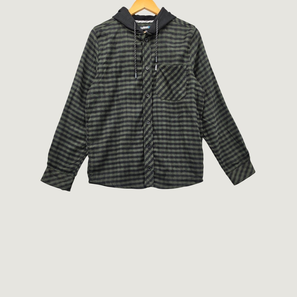 Tony Hawk Mens Hooded Flannel Shirt Green Black Striped Skater Shacket Size M